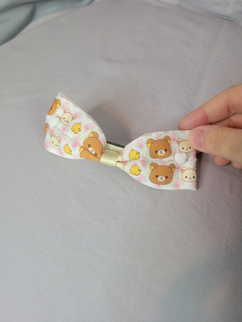 Rilakkuma & Korilakkuma White & Brown Bear Print Hair Bow With Heart Beads